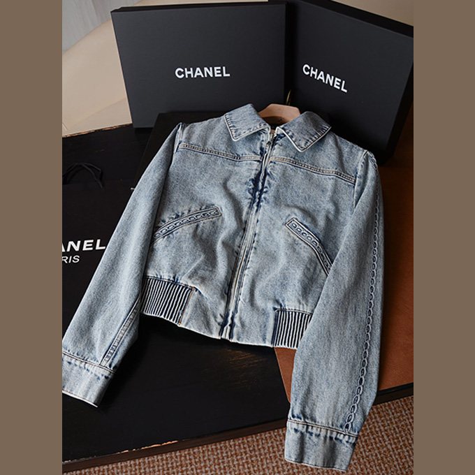chanel pre-collection chain embroidery washed denim cropped jacket